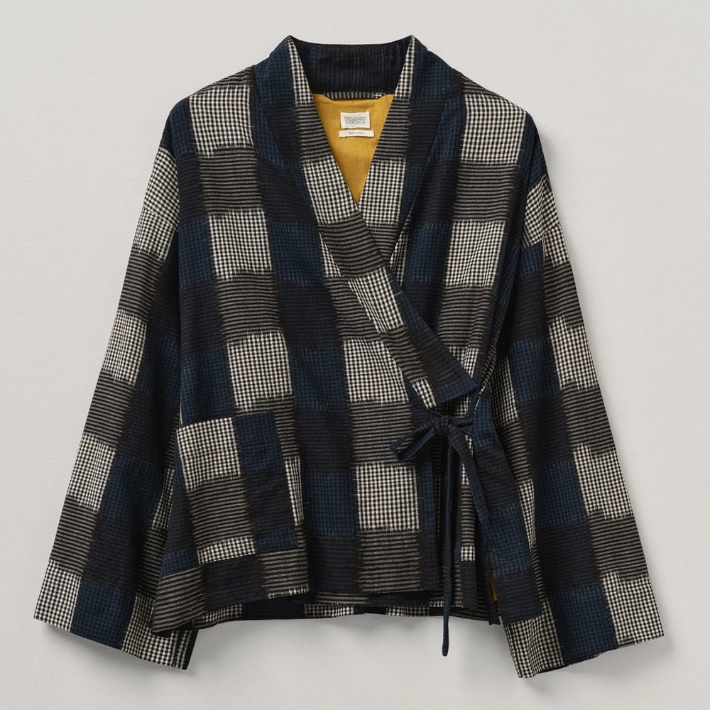 TOAST London Gingham Ikat Wrap Jacket Midnight Blue NWT S/M